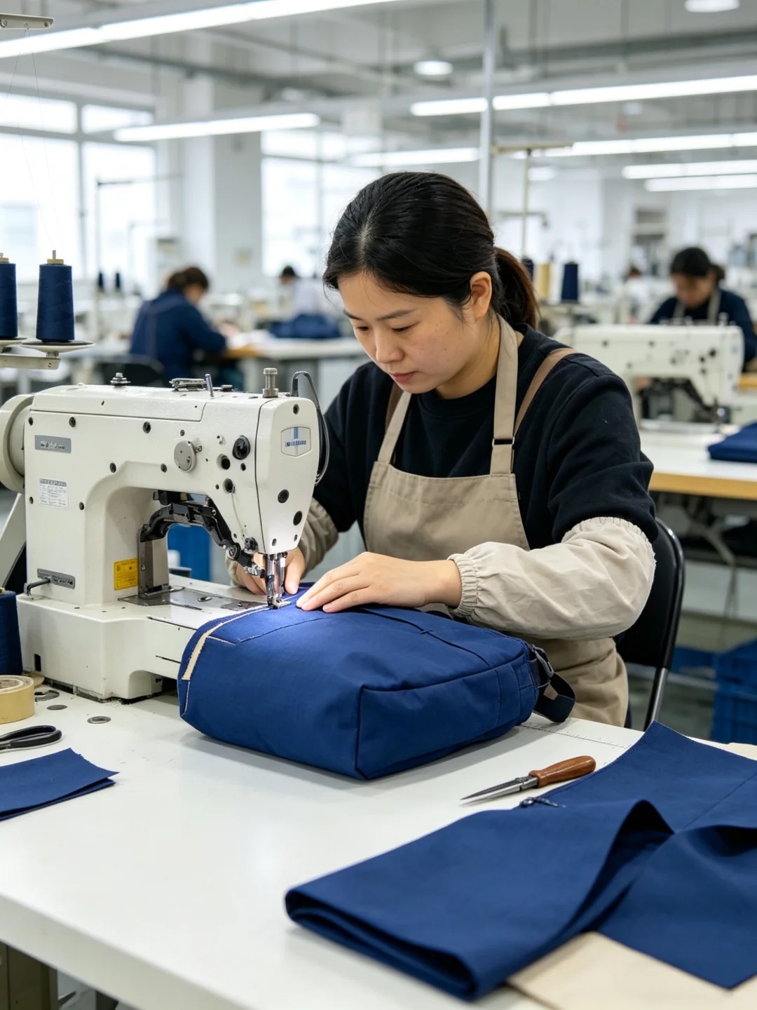 Sewing blue bag panels in Lafurlen workshop